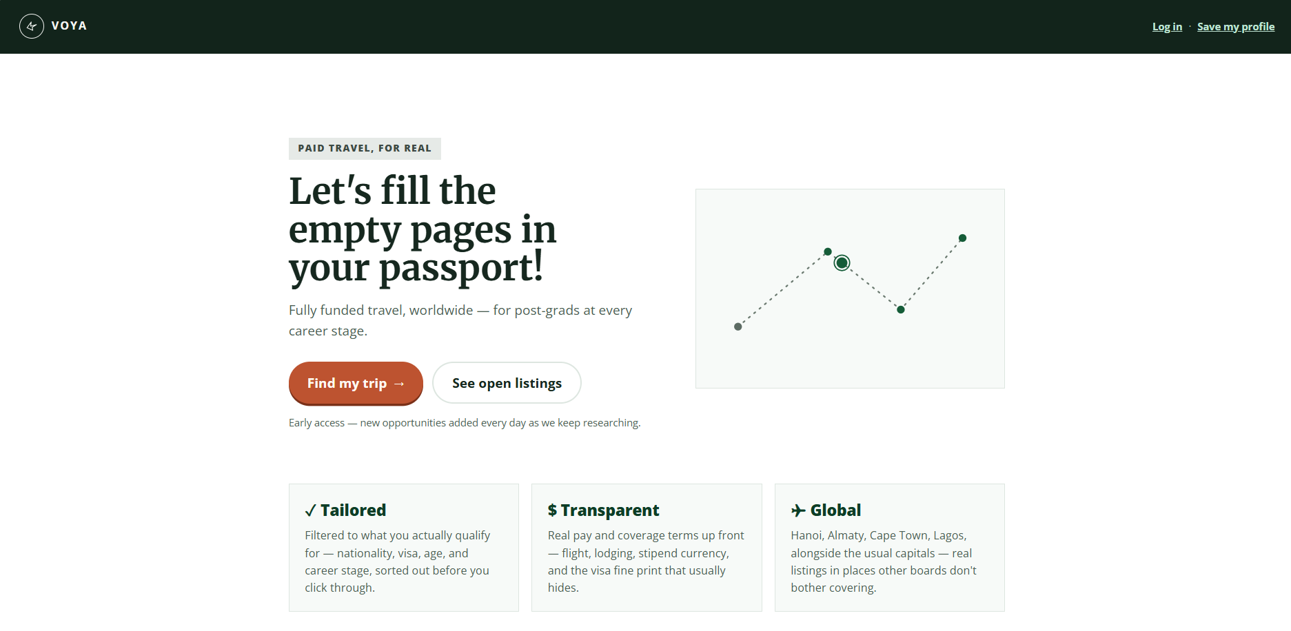 Voya homepage — 'Let's fill the empty pages in your passport'